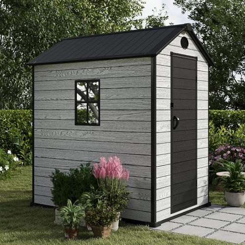 4.4x6 FT Resin Outdoor Storage Shed, 230 Cuft Garden Tool Sheds & Outdoor Storage Plastic Shed with Floor