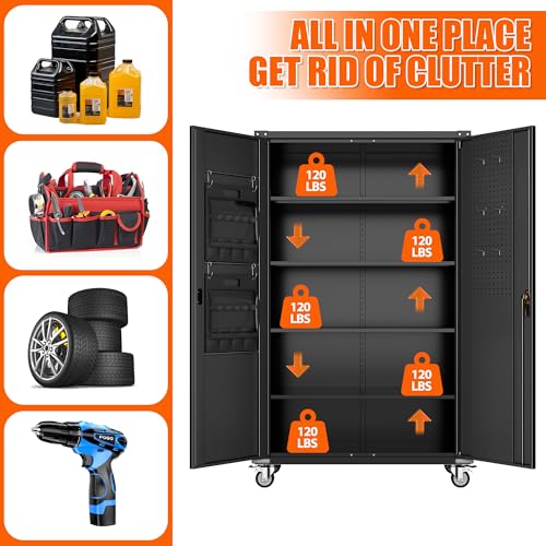 Garage Storage Cabinet with Wheels & Pegboard, 72" H Locking Metal Storage Cabinet with Doors and 4 Adjustable Shelves for Garage Workshop Home
