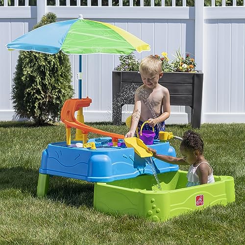 Step2 Waterpark Wonders Two-Tier Water Table, Kids Water Activity Sensory Playset, Comes with Umbrella, Summer Outdoor Toys
