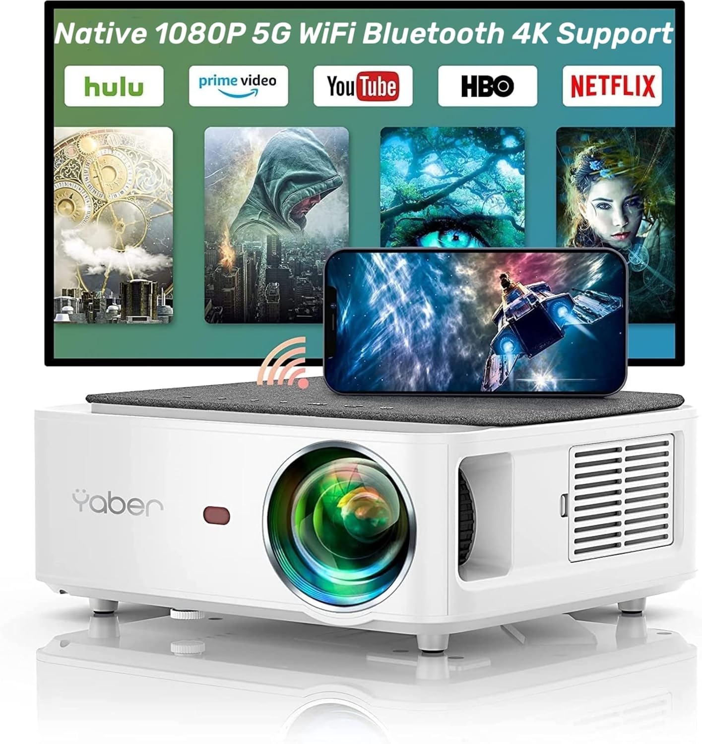 Projector with WiFi and Bluetooth, 13000L Outdoor Movie Projector 4K Supported, YABER V6 Native 1080P Portable Smart Home Projector