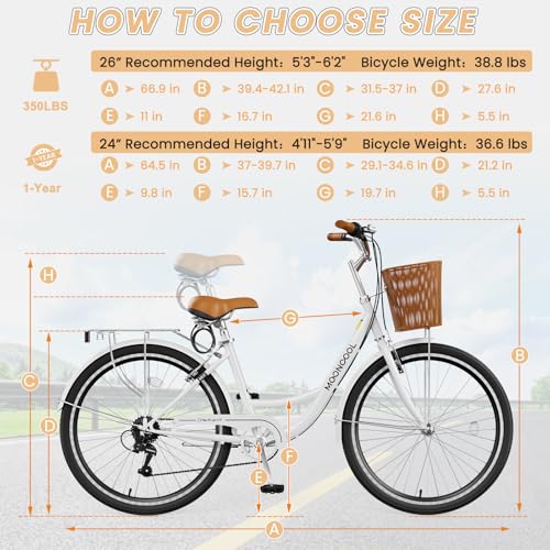 MOONCOOL Womens Bike 7 Speed, 24 26 inch Beach Cruiser Bikes for Women, Step Through Adult Bicycle with Front Basket for City Commuting