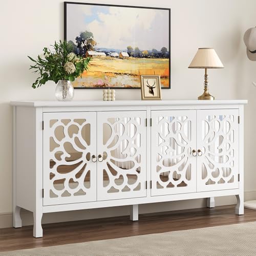 RoyalCraft Buffet Cabinet with Mirror Butterfly Carved Door, 63'' Sideboard Cabinet with Adjustable Shelves
