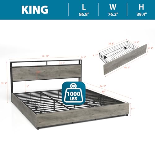 Full Size Bed Frame with Headboard, LED Platform Bed with 4 Storage Drawers, Built in Charging Station, Noise-Free, Metal Support Base