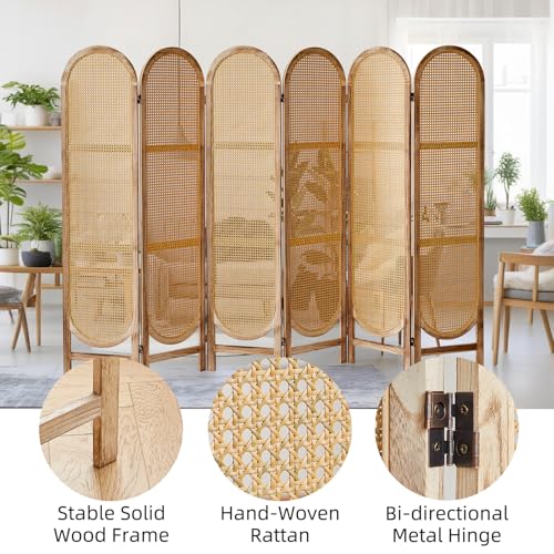 4 Panels Room Divider Wall, Foldable Wooden Room Divider, Individual Privacy Screen Made of Hand-Woven Rattan