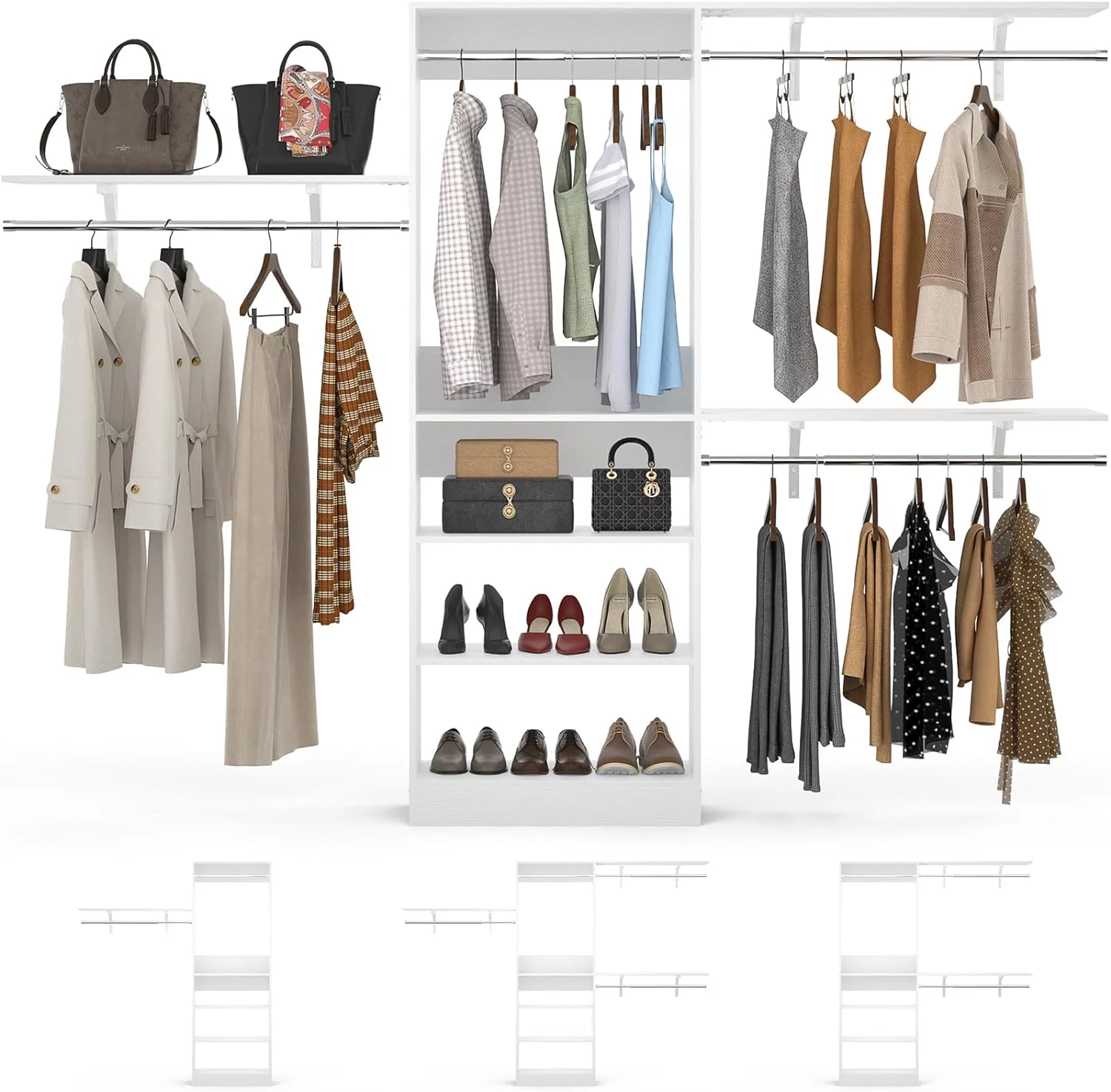 Homieasy 96'' Closet System, 8FT Walk In Closet Organizer with 3 Shelving Towers, Heavy Duty Bedroom Wardrobe with 5 Shelves