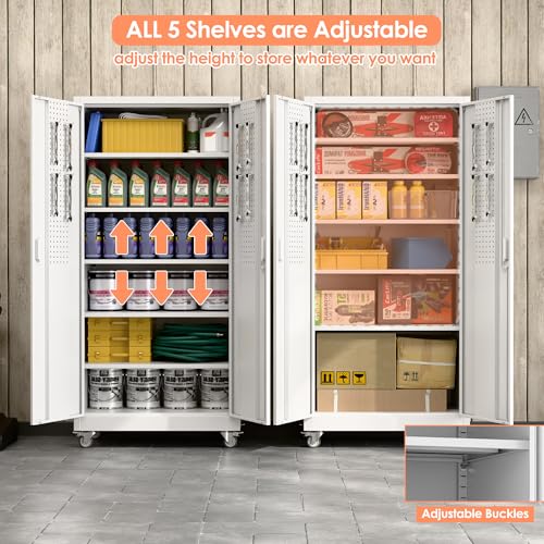 71" Metal Storage Cabinet with Wheels and Pegboard, Lockable Rolling Steel Storage Cabinet with 5 Adjustable Shelves and Door for Garage, Office