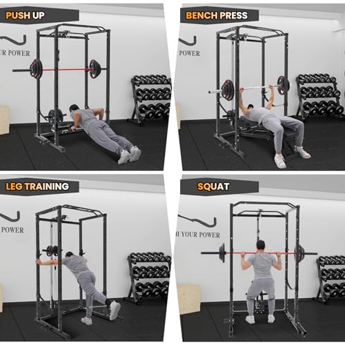 Power Cage with LAT Pulldown, Multi-Functional Power Rack with Cable Pulley System and J-Hooks, Squat Rack with Dip Bars and Landmine Attachment
