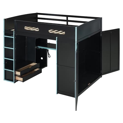 Modern Full Size Gaming Loft Bed with Built-in Desk and Storage Wardrobe, Wood Loft Bed Frame with Light Strip and 2 Drawers