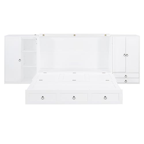 Queen Size Murphy Bed Wall Bed, Solid Pine Murphy Bed Chest Cube Cabinet Bed with USB, Charging Station