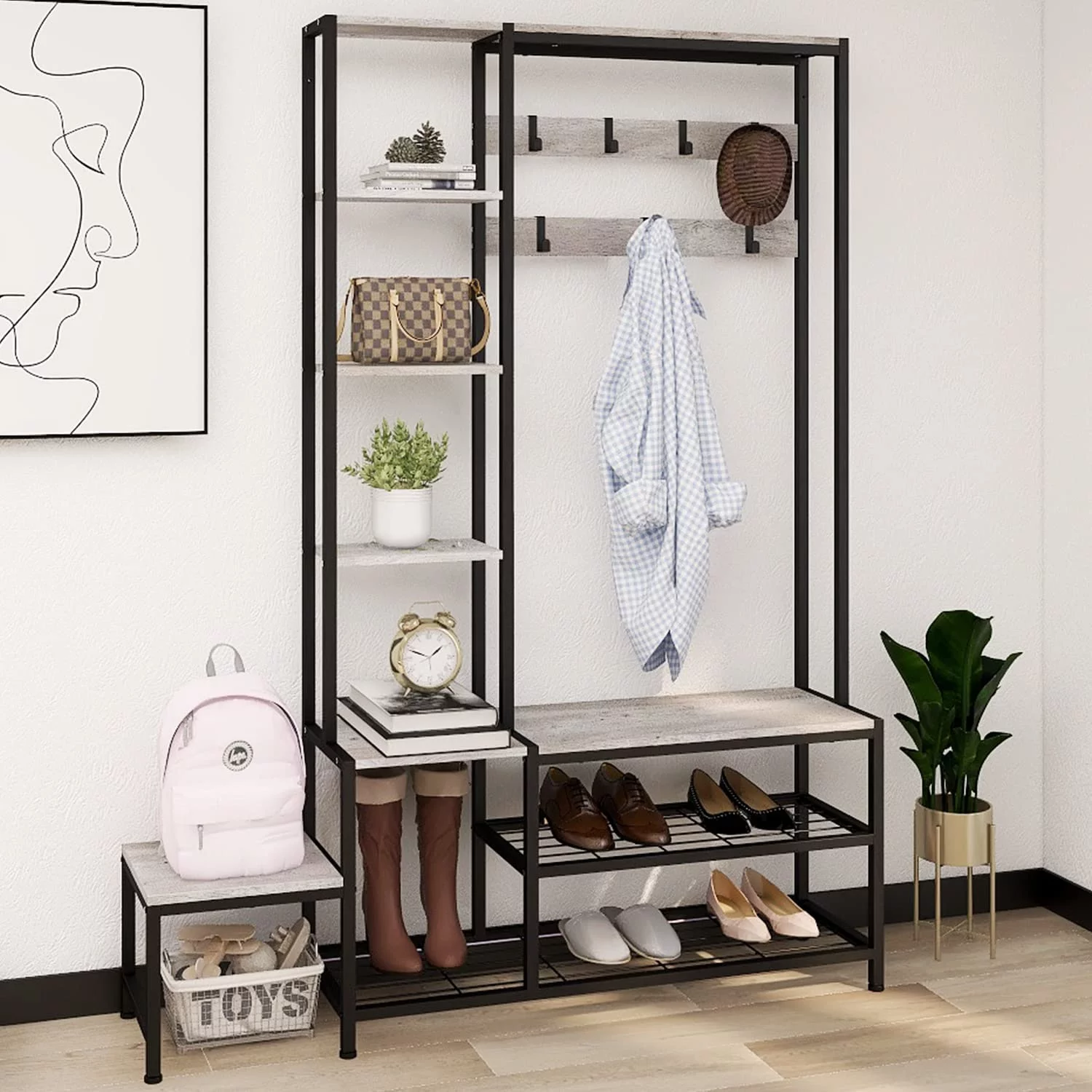 YGDU Hall Tree with Shoe Storage Bench, Coat Rack with 7 Hooks,Interchangeable 4 Tier Side Storage Shelves, Small Cute Side Bench