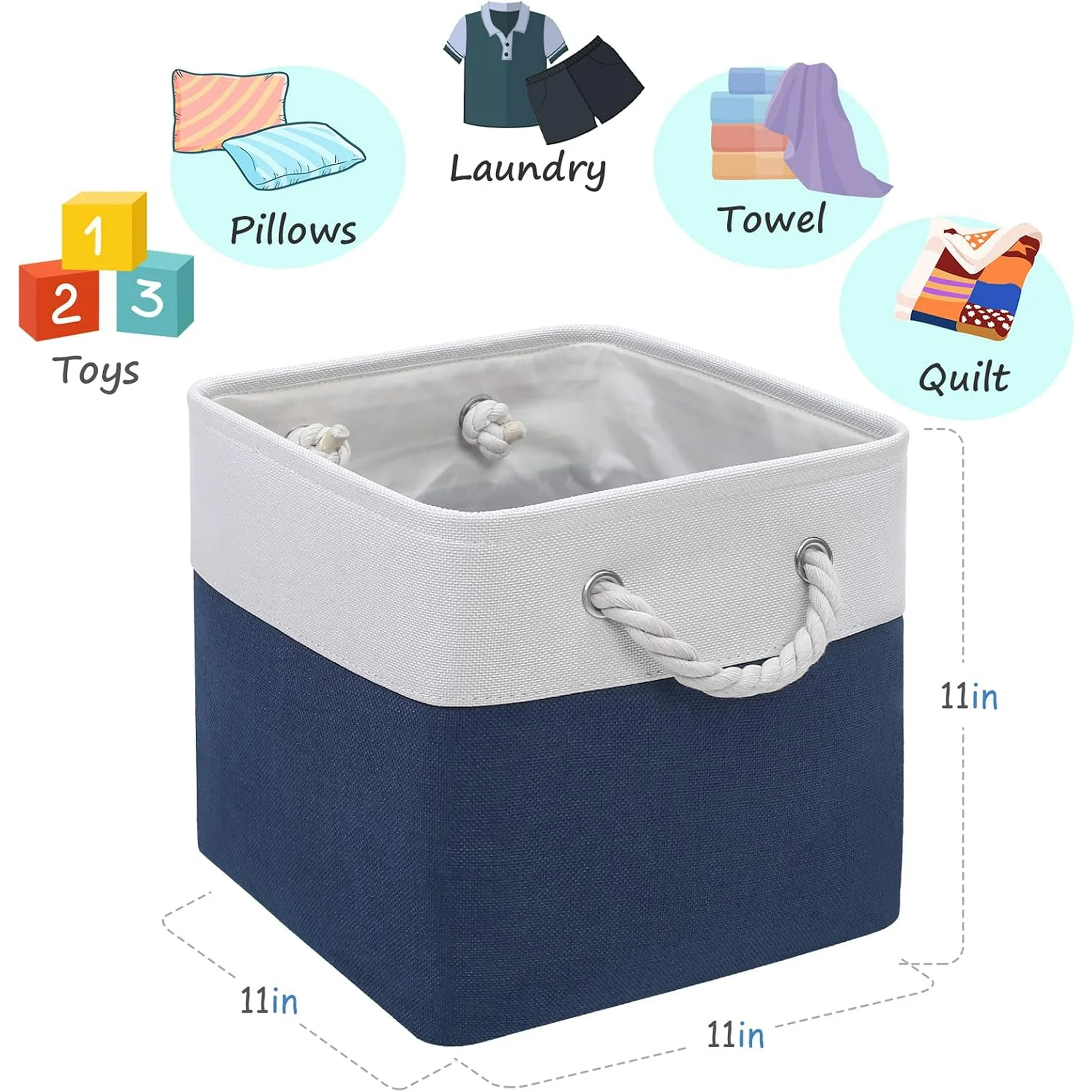 Cube Storage Bins, 6 Pack 11x11 inch with Cotton Handles for Closet, Shelves, Clothes, Toys, Towel (White/Pink)