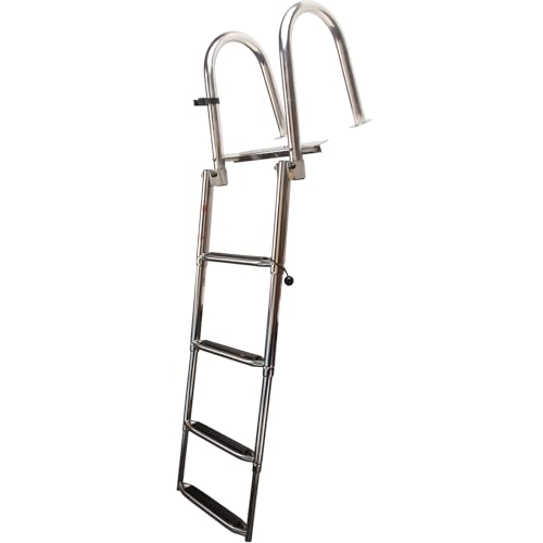 4-Step Heavy-Duty Stainless Steel Pontoon Boat Ladder with Extra Wide Steps & Handrails | Telescoping Folding Rear Entry Ladder, 600lbs Capacity