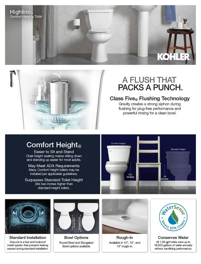 Kohler K-76301-RA Highline 17x22 Elongated Toilet - Comfort Height - Two Piece - White