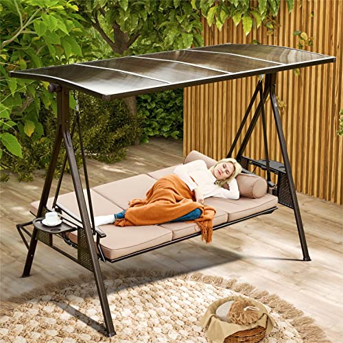 YOLENY Oversized Outdoor Porch Swing with Hardtop, 3 Seat Patio Swing with 2 Side Cup Holder, 3-in-1 Convertible Backrest Swing Bed with Cushion