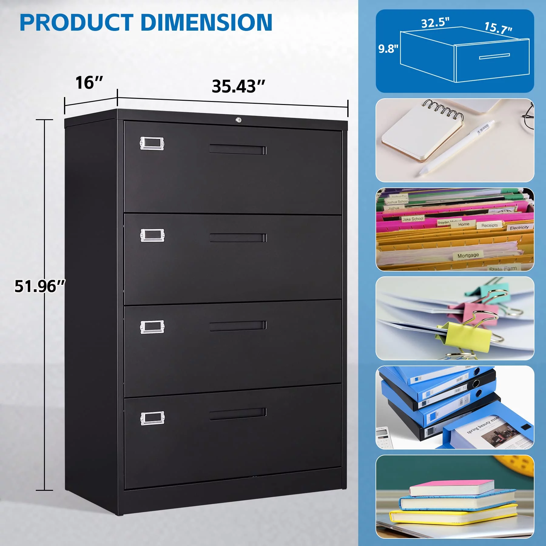 STANI 4 Drawer File Cabinet with Lock Metal Lateral File Storage Cabinet Office Home Steel Lateral File Cabinet for A4 Legal/Letter Size Wide File