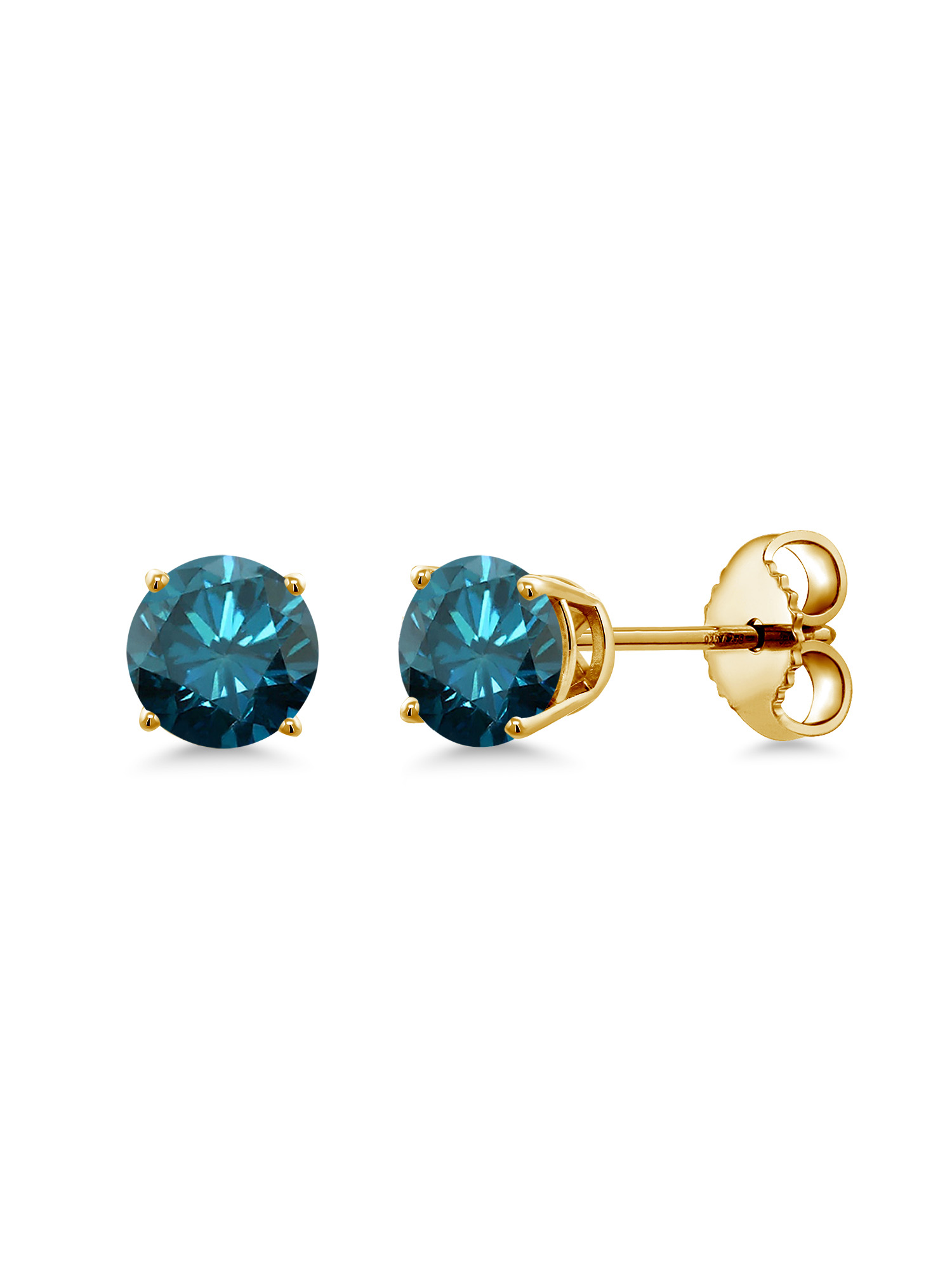 Gem Stone King 0.54 Ct Round Blue SI1-SI2 Diamond 18K Yellow Gold Plated Silver Stud Earrings
