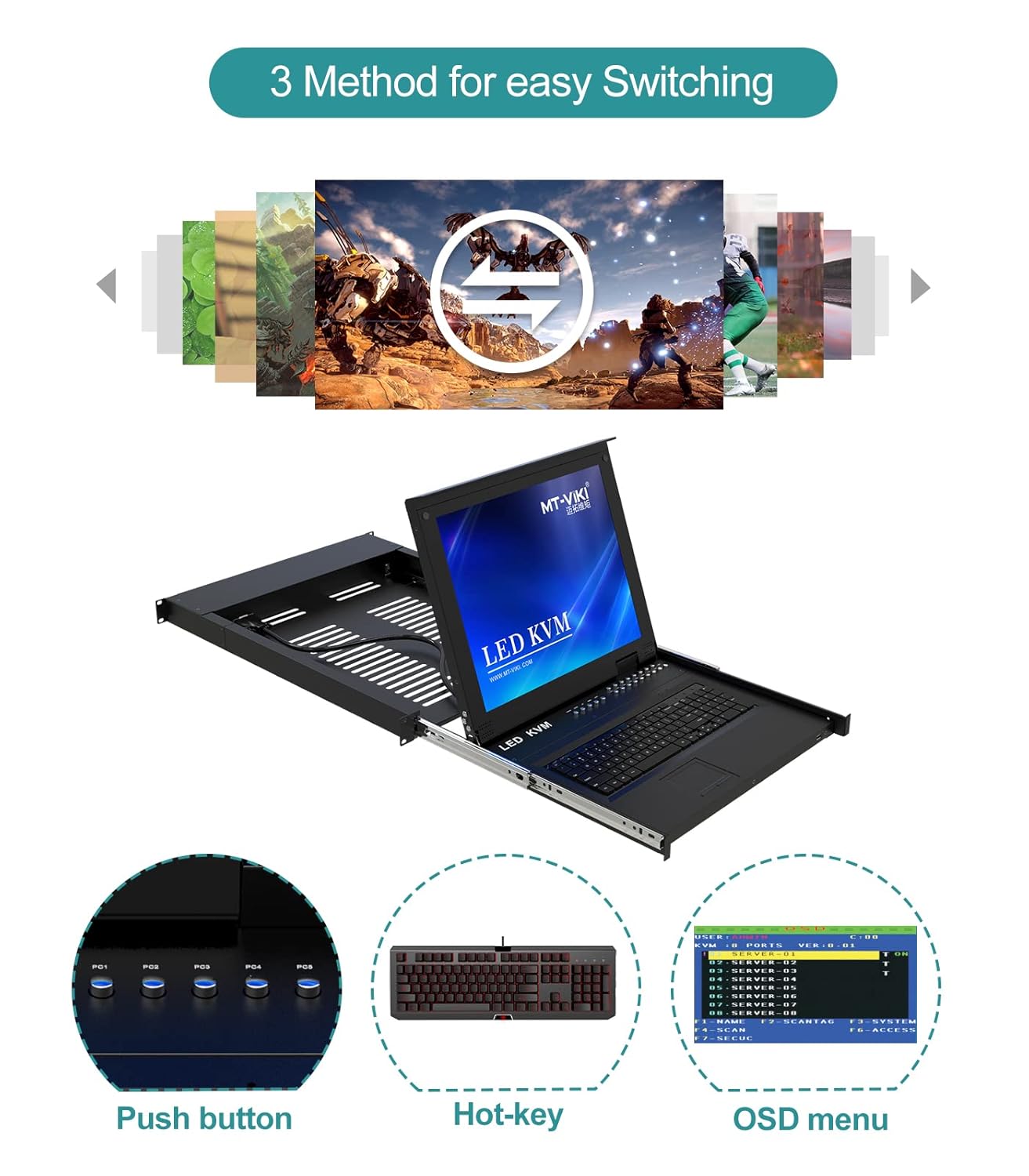 Cat6 LCD KVM Console 8 Port, MT-VIKI 1U 17'' Rack Mount KVM Switch Over Cat 5e, Local Access, Included 8 Packs VGA CAT5e Dongle