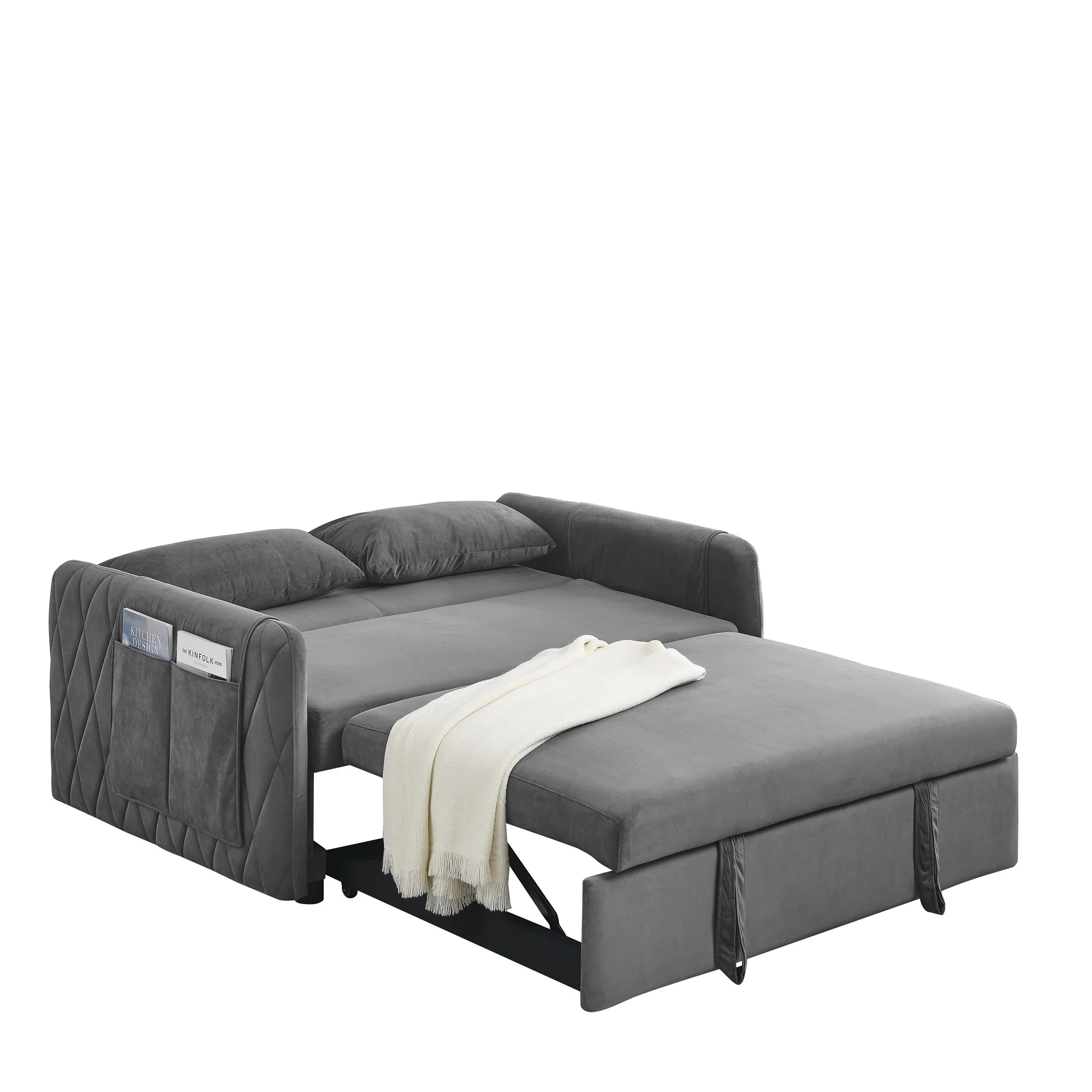 Ufurpie 55"L Modern Velvet Pull Out Sofa Bed,Convertible Velvet Sleeper Sofa Bed with Adjustable Backrest&2 Pillows,Gray
