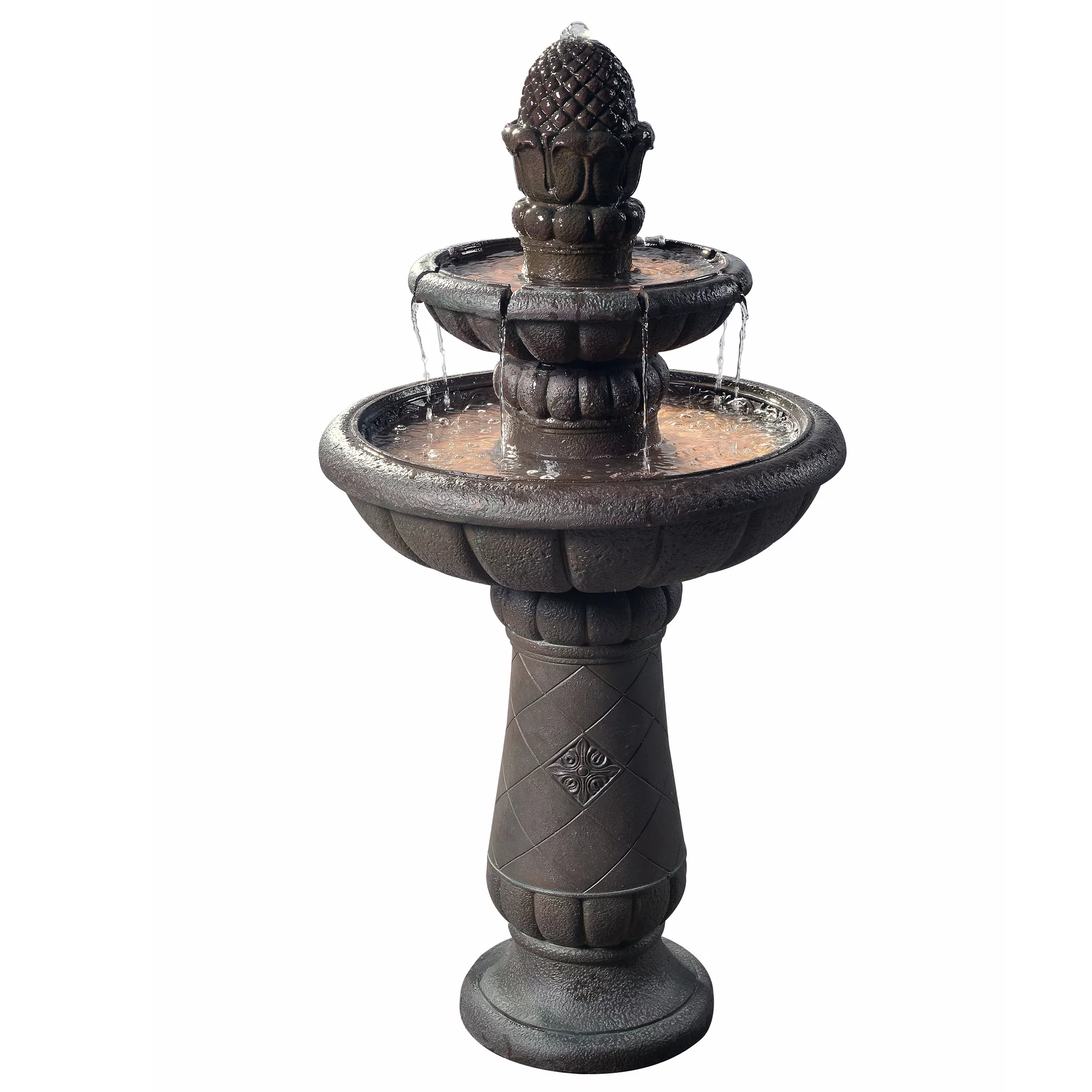 Teamson Home Porch Deluxe Pineapple 2-Tier Polyresin Pedestal Fountain for Garden, Gray