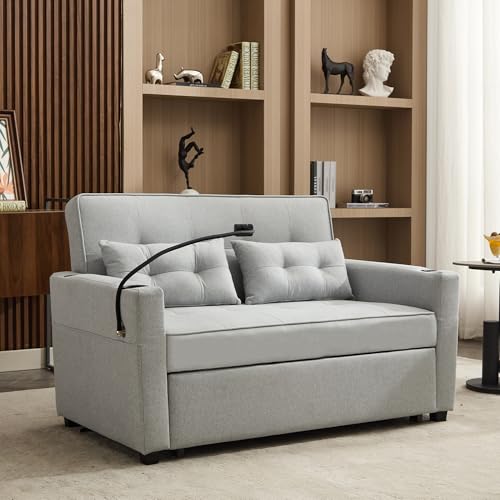 Convertible Loveseat Sleeper Bed, 3-in-1 Chaise Lounge Chair with Pillow and USB Charging, Reading Chair for Adults with Cup Holder, Side Pocket