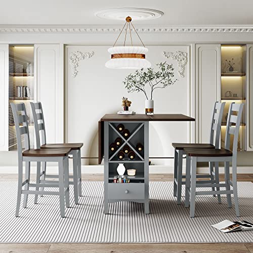 Counter Height Wood 5-Piece Dining Table Set with Drop Leaf, Space-Saving Kitchen Table Set with Wine Rack and Drawers