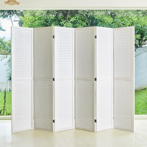 Pegboard Display, 5.6Ft Wooden Room Divider Folding Privacy Screens Portable Freestanding Wall Organizer for Retail Craft Art Display Board (4panels