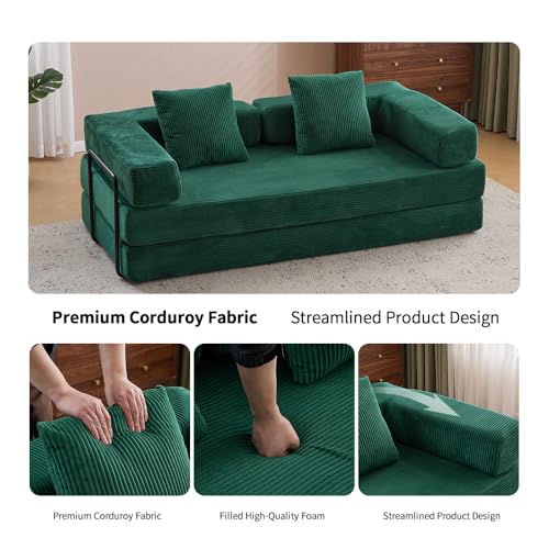 Convertible Sleeper Sofa Bed with Cylindrical Pillow, Corduroy Folding Mattress Couch with Fixed-Shape Frame