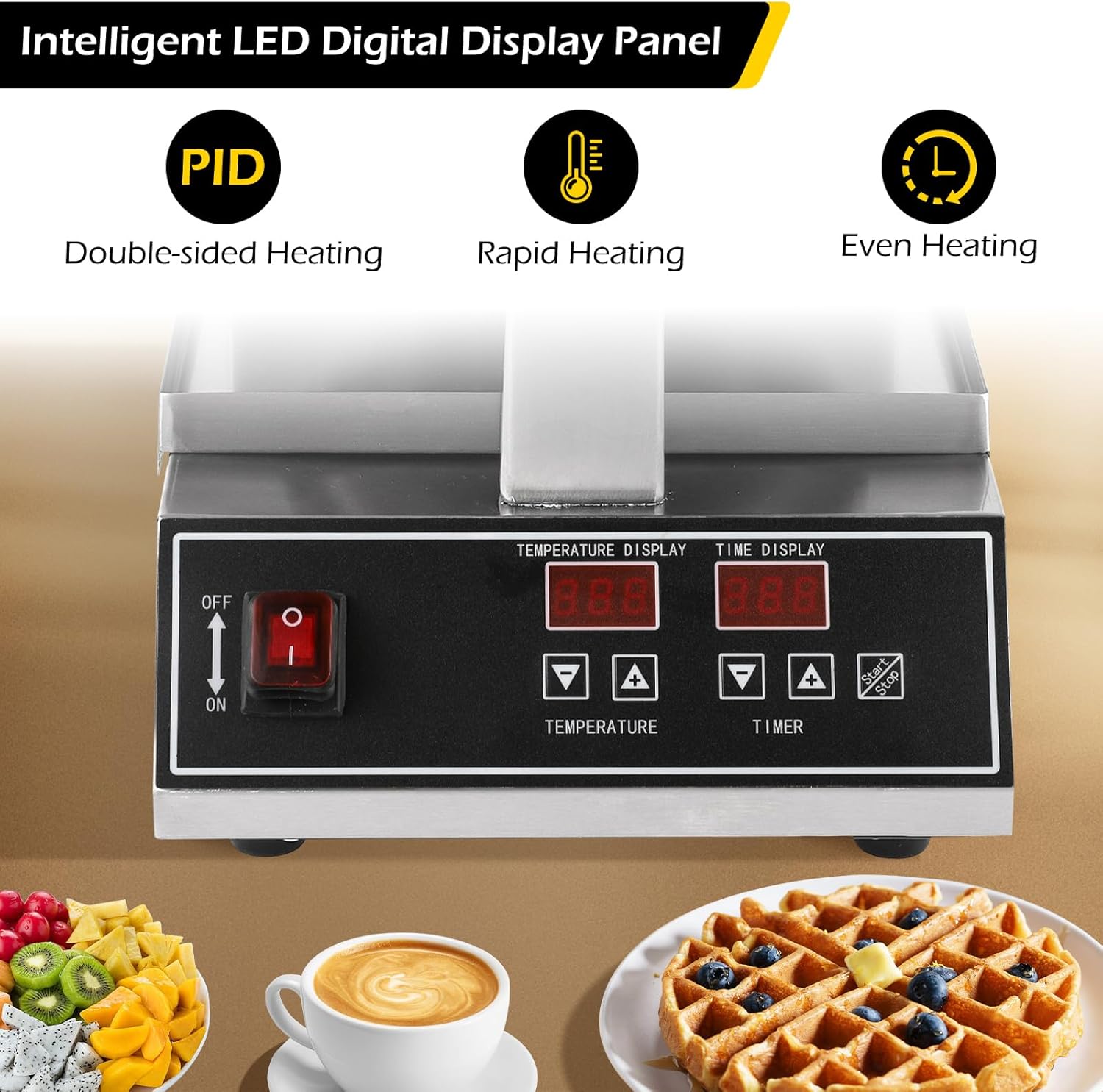 Dyna-Living Commercial Waffle Maker 110V 1200W Intelligent Belgian Waffle Maker Rotating 180° Round Waffle Maker Nonstick Flip Waffle Iron Machine