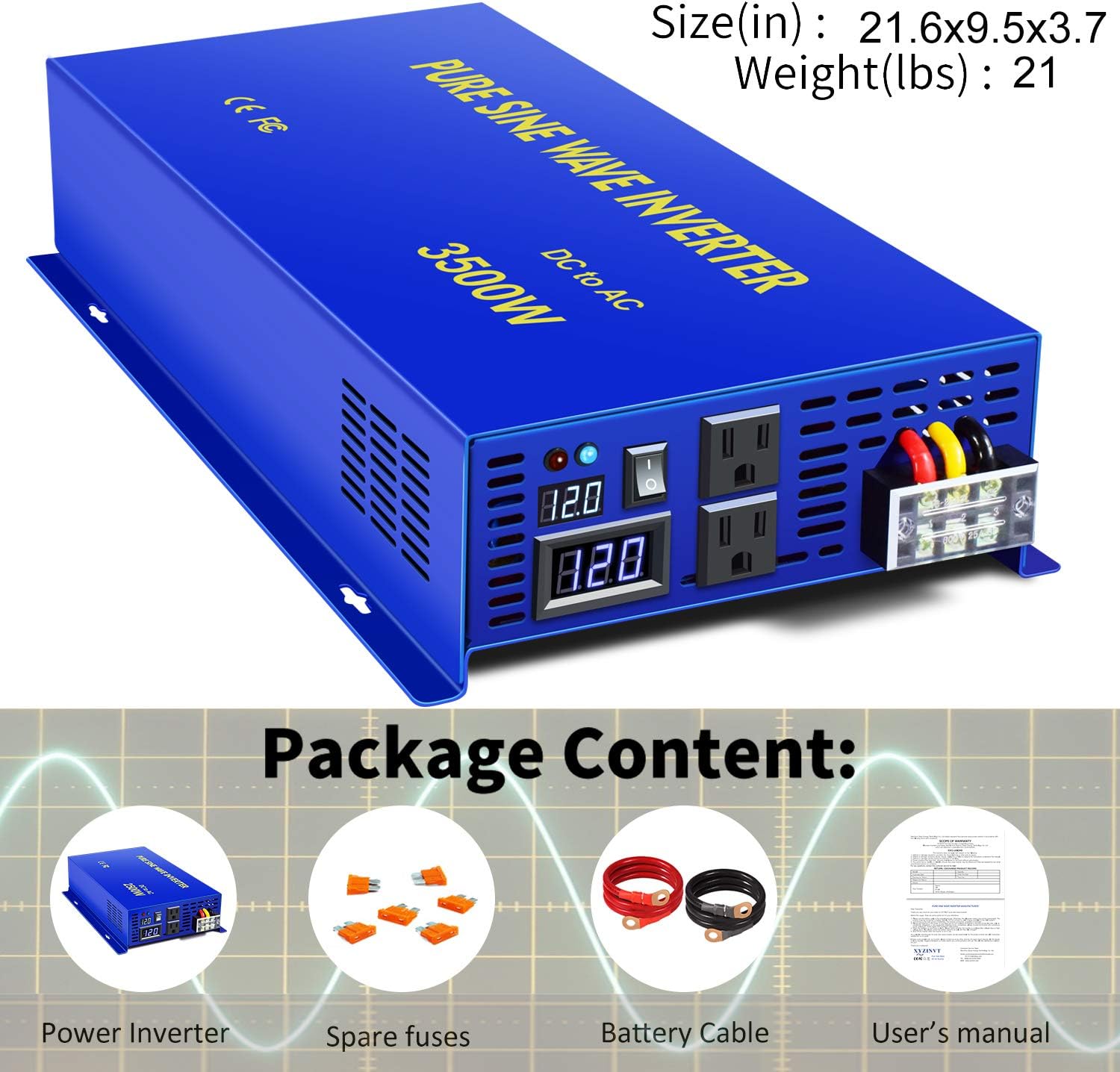 XYZ INVT 4000W Pure Sine Wave Inverter 48V DC to 120V AC Surge 8000 Watt Power Converter Generator with Wireless 100ft Remote Control for Solar