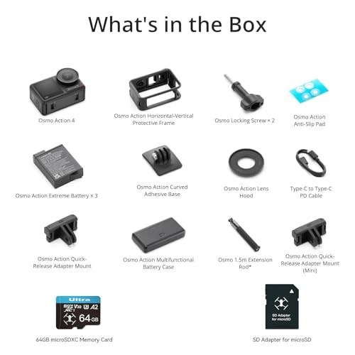 DJI Osmo Action 4 Standard Combo with 50 Piece Accessory Kit + 2 Extra Batteries + 64GB Card