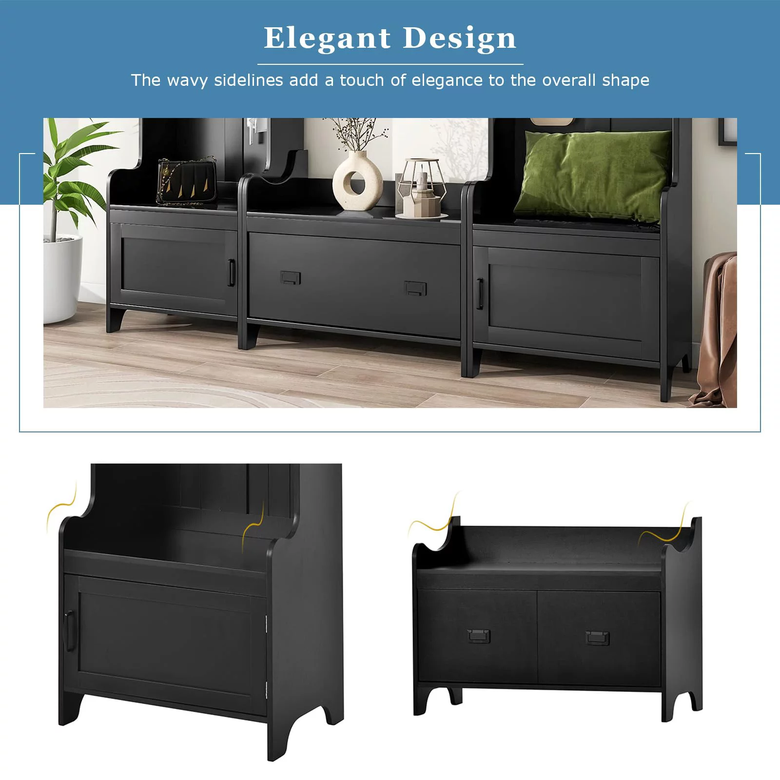 Hall Tree with Bench and Shoe Storage, 4 In 1 Entryway Bench with Coat Rack and 4 Cabinet, Mudroom Bench with 7 Double Hooks