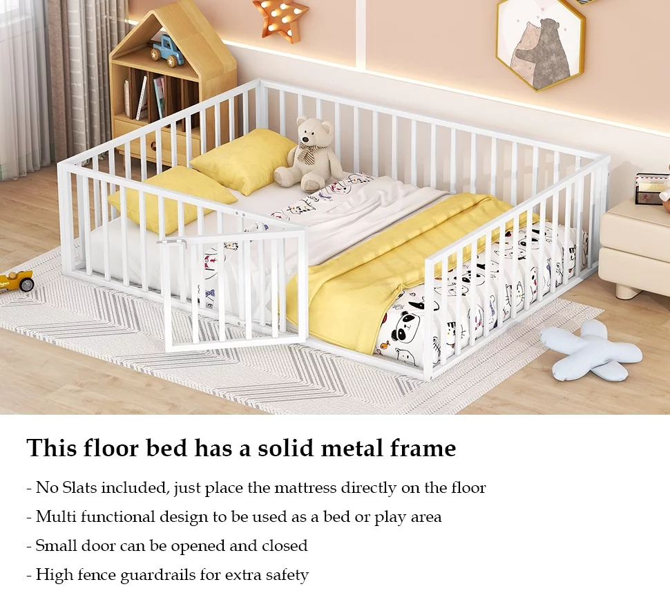 Bellemave Queen Floor Bed with Fence Rails and Lockable Door Queen Metal Floor Bed for Toddler, Child, Boys