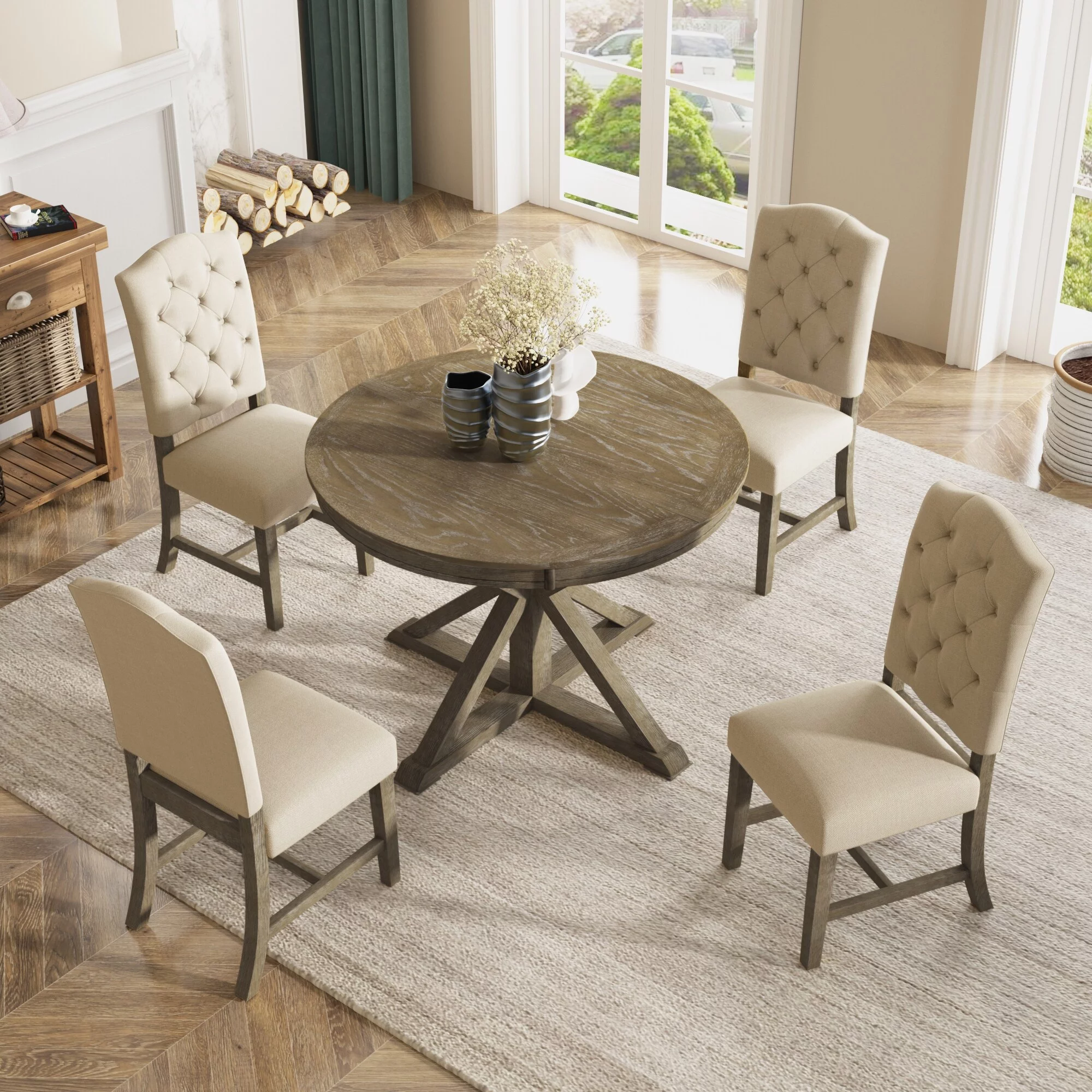 5 Piece Dining Table Set with Extendable Table & 4 Upholstered Chairs