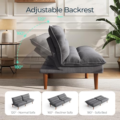 Futon Sofa Bed, 71‘’ Corduroy Fabric Futon Couch, Convertible Recliner Folding Sleeper Sofa, Adjustable Backrest, Small Futon for Small Rooms, RV