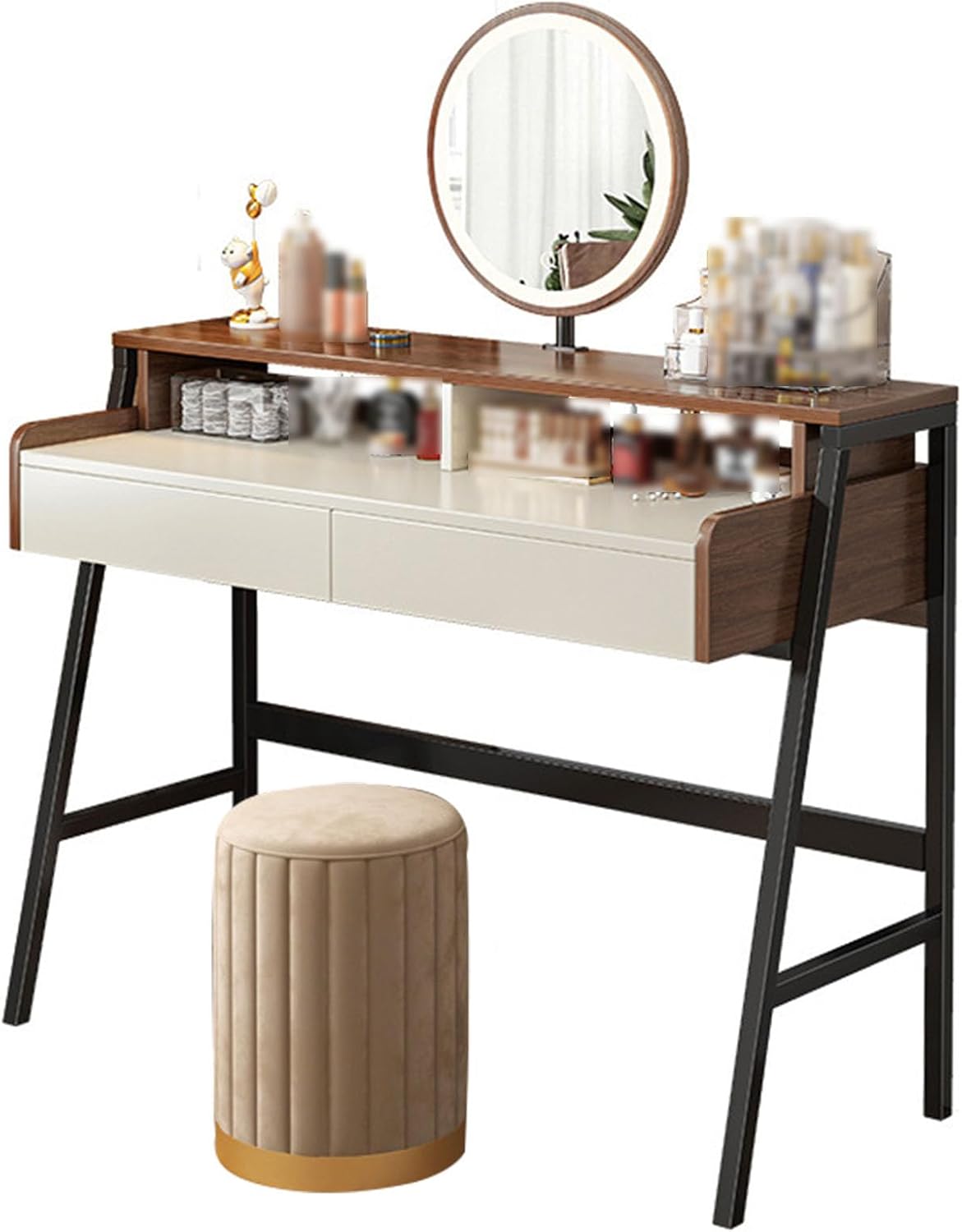 Solid Wood Vanity Set, Makeup Dressing Table 3-Color Dimmable Lighted Mirror vanities with 2 Drawers Home Office Desk for Women Girls