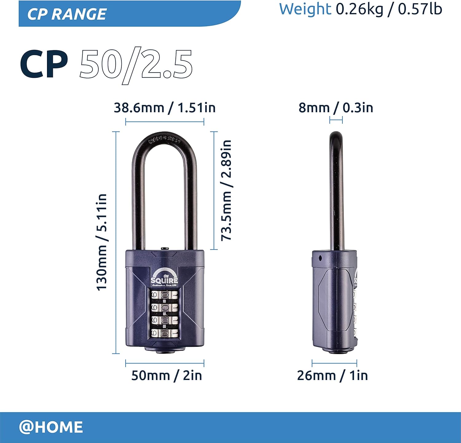 Squire Heavy Duty Padlock (CP50/2.5) - Toughest Extra Long Shackle - 4 Wheel Combination Padlock - Alloy Steel for Corrosion Resistance
