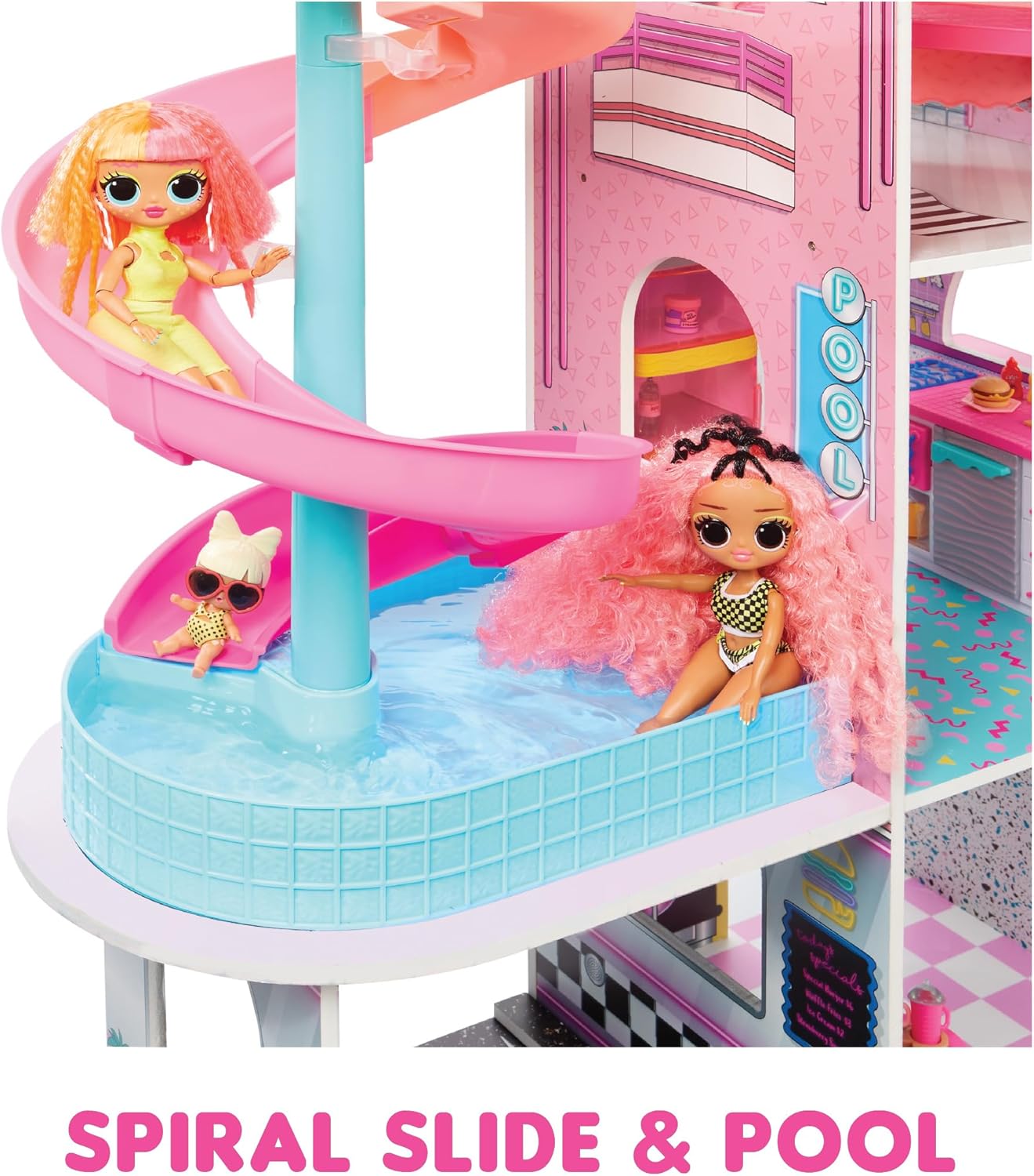 L.O.L. Surprise! OMG Fashion House Playset with 85+ Surprises and Made from Real Wood Including Pool, Spiral Slide, Rooftop Patio, Movie Theater