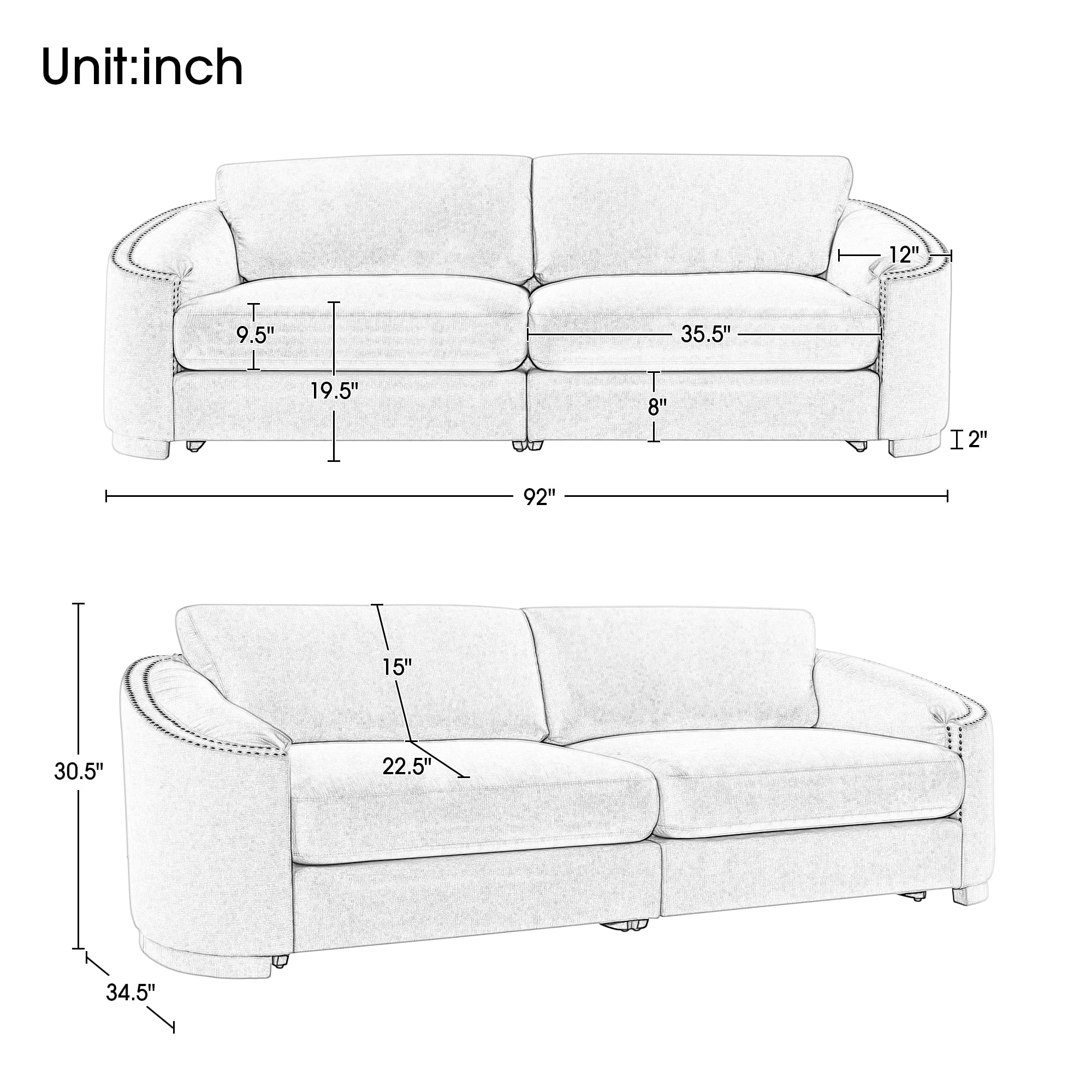 3-Seater Sofa Couch, KAMIDA Sofas and Couches, Upholstered Sofa Couch with Semilunar Arm and Rivet Detailing