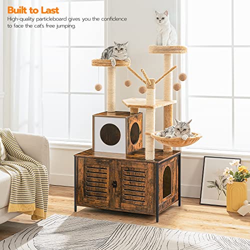 HOOBRO Cat Tree with Litter Box Enclosure, 27.6" L x 18.9" W x 52" H, All-in-One Wooden Cat Tower, Cat Furniture for Indoor Cats