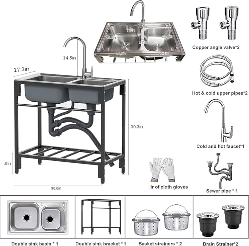 Outdoor Utility Sink Stainless Steel Double Bowl Sink Free Standing Commercial Restaurant Kitchen Sink with Hot and Cold Faucet for Laundry,Garage