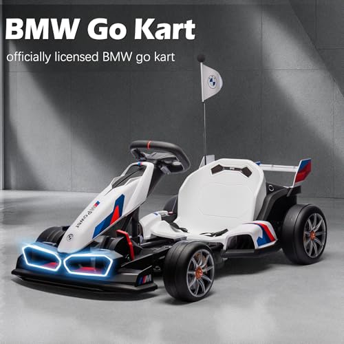 36V Licensed BMW Electric Go Kart, 7.5 MPH Drift Kart with 600W Motor, Outdoor Driftable Kids Race Pedal Go Karting Car w/Adjustable Seat, Lights