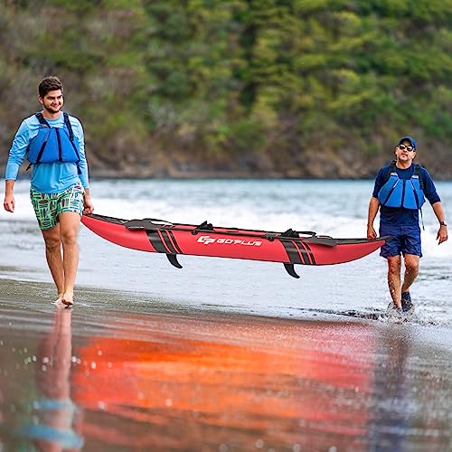 Goplus Inflatable Kayak, 2-person Kayak Set for Adults with 507 LBS Weight Capacity, 2 Aluminium Oars, EVA Padded Seat, 2 Fins, Hand Pump, Carry Bag