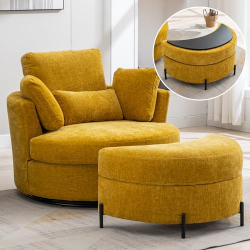 Aoiy & Wifon 42.2" W Oversized Swivel Barrel Chair with Ottoman, Upholstered Round Accent Chair with Storage Ottoman, Chenille, Beige