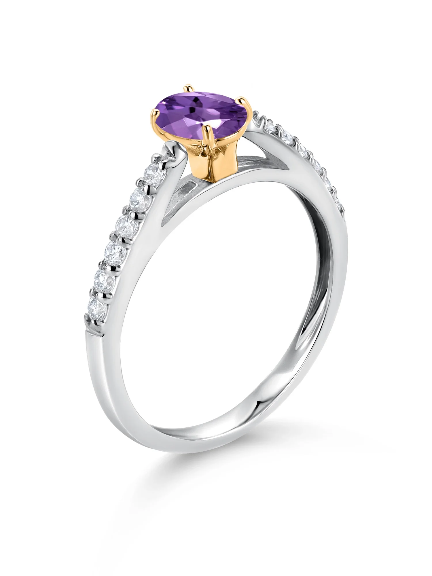 925 Sterling Silver and 10K Yellow Gold Purple Amethyst and White Lab Grown Diamond Engagement Ring For Women (0.63 Cttw, Oval 6X4MM