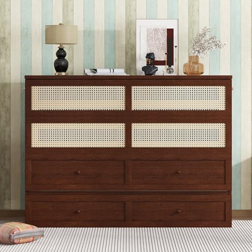 KEIKI Queen Size Cabinet Murphy Bed with Charging Station and Drawer, Multiple Storage Foldable Hideaway Wall Murphy Bed Frame with Solid Slat