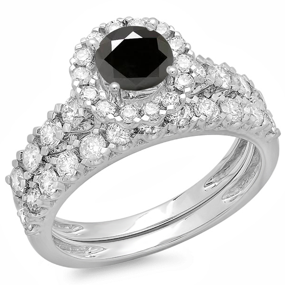 2.00 Carat (ctw) 18K White Gold Round Cut Black & White Diamond Ladies Bridal Halo Style Engagement Ring With Matching W