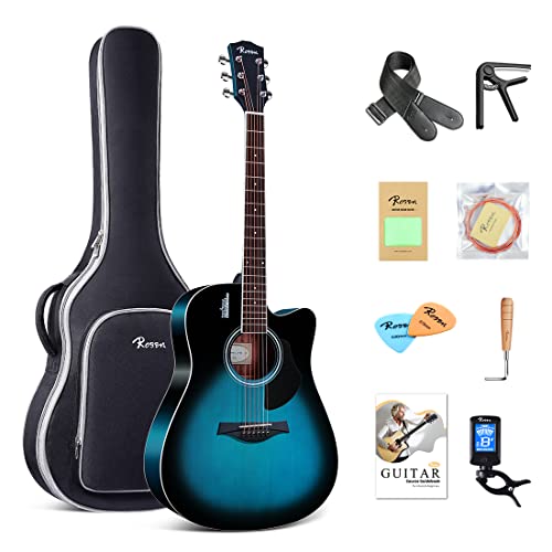 Rosen Solid Top Dreadnought Acoustic Guitar 41 Inches Spruce Guitar Beginner Bundle with Book, Padded Bag, Strings, Picks, Hexwrench, Strap