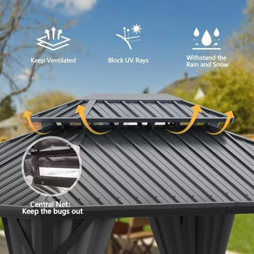 Domi 10’ x 10’ Hardtop Gazebo Metal Frame Canopy with Netting & Curtains