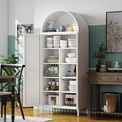 Tall Kitchen Pantry Cabinet, Metal Display Storage Cabinets with 4 Doors/2 Drawers for Kitchen Home Office Living Room, Assembly Required