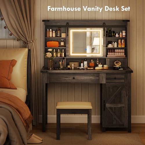 HOMCOM Farmhouse Vanity Desk with Mirror, LED Lights Makeup Vanity Table with 42 Inch Glass Tabletop, Cushioned Stool, Drawers & Shelves & Cabinet